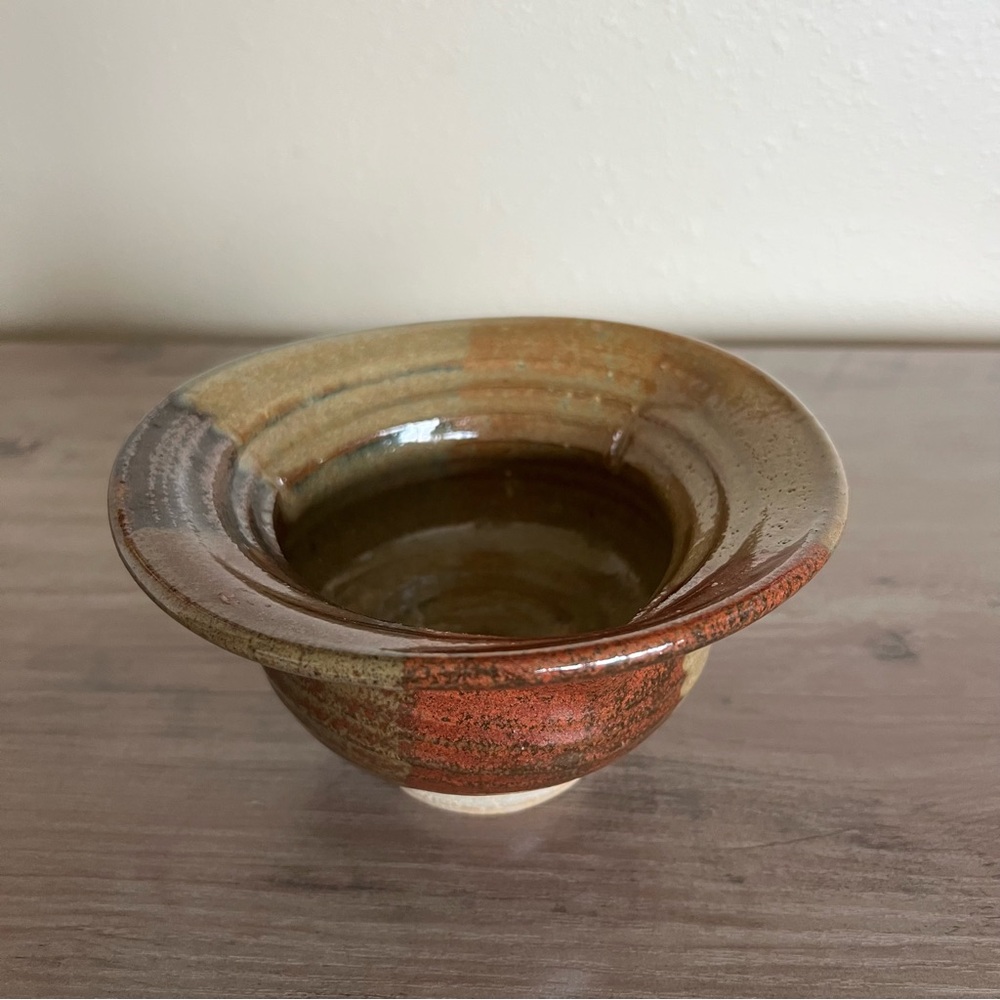 Vintage Art Pottery Bowl Glaze Round Handmade Multicolored Earth Tones Decor